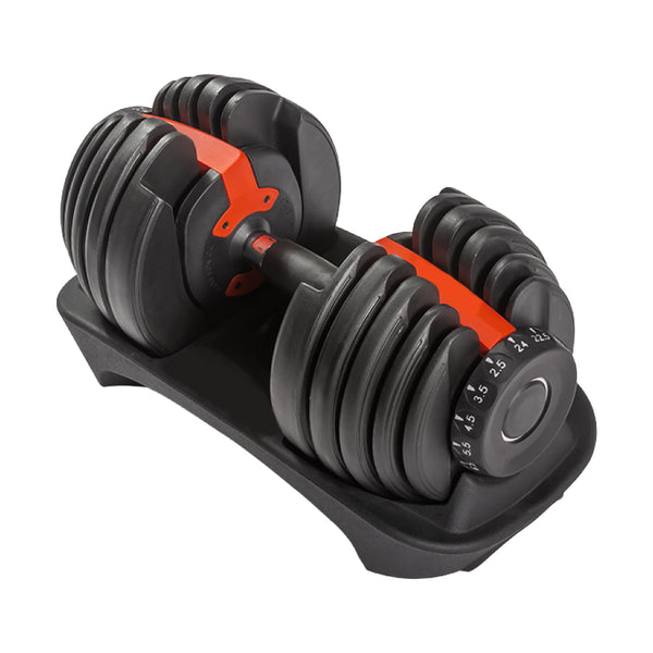 Pair of adjustable dumbbells with red selectors