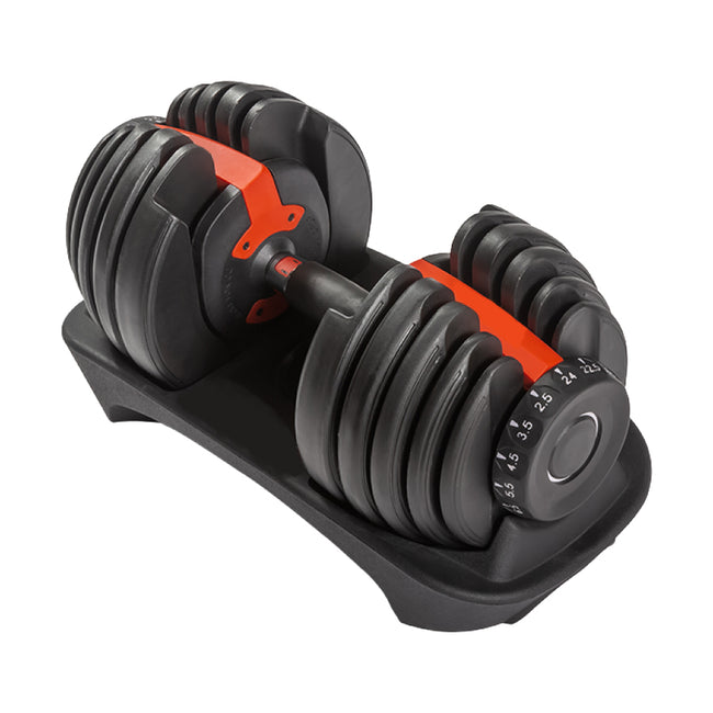 Pair of adjustable dumbbells with red selectors