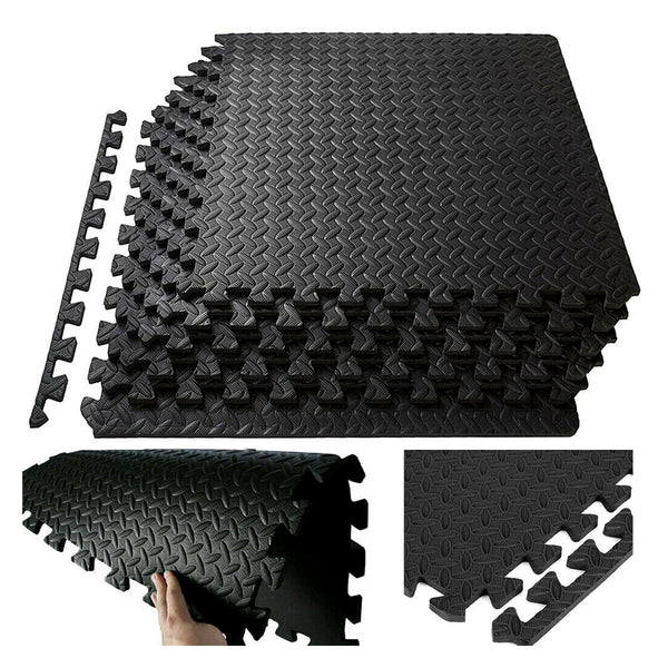 Stack of interlocking floor tiles and edge strips