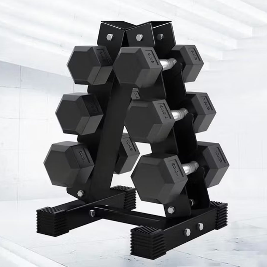 Hex Dumbbell Set with 3-Tier Tree Rack & Optional Bench – Rubber Coated Anti-Roll Weights for Home Gym
