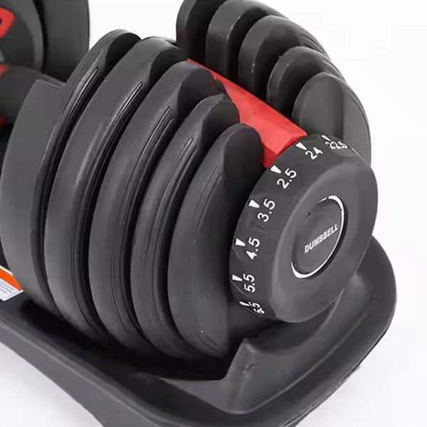 Close-up of an adjustable dumbbell weight selector
