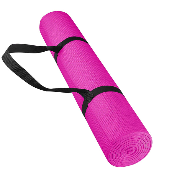 Pink yoga mat with carry strap