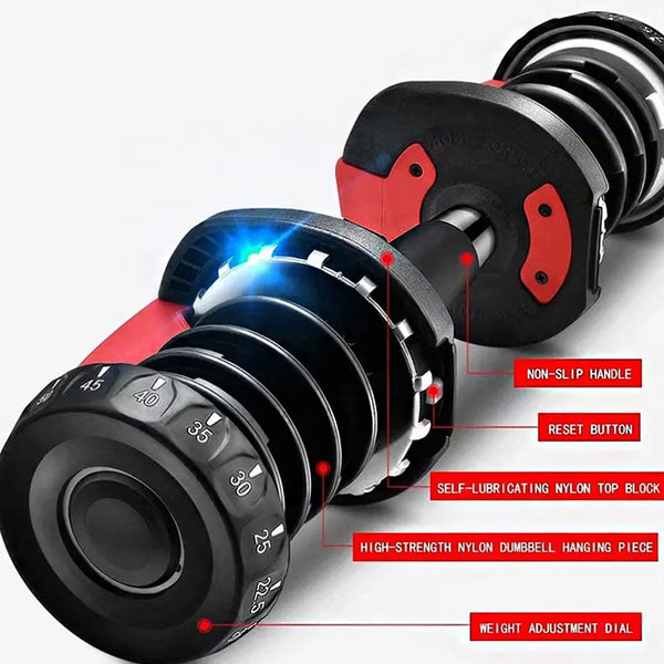 Diagram of the adjustable dumbbell selector and plates