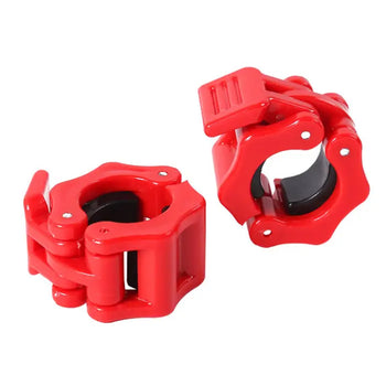 Pair of red Olympic barbell clamps