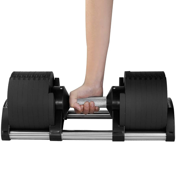 Close-up of an adjustable dumbbell handle and plates