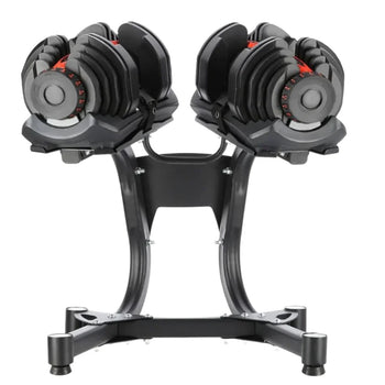 Adjustable dumbbells on a raised stand