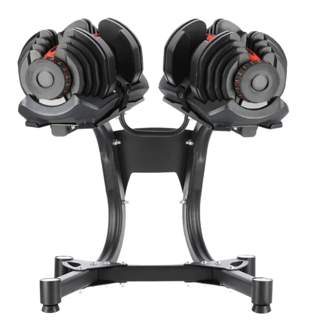 Adjustable dumbbells on a raised stand