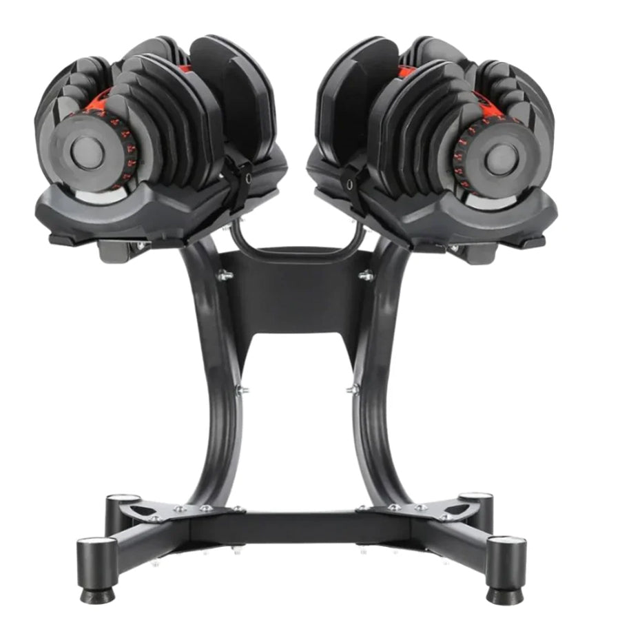Adjustable dumbbells on a raised stand