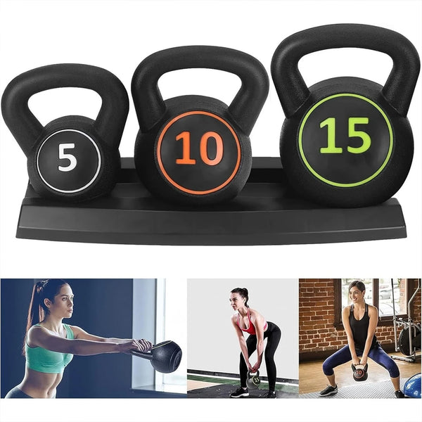 Three-piece kettlebell set and exercise examples