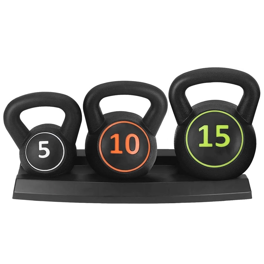 Three kettlebells marked 5, 10 and 15