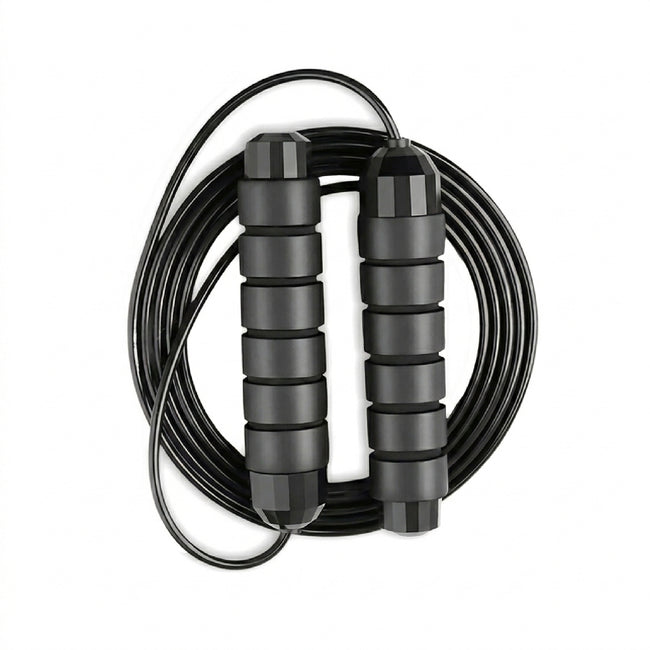 Coiled black skipping rope with handles