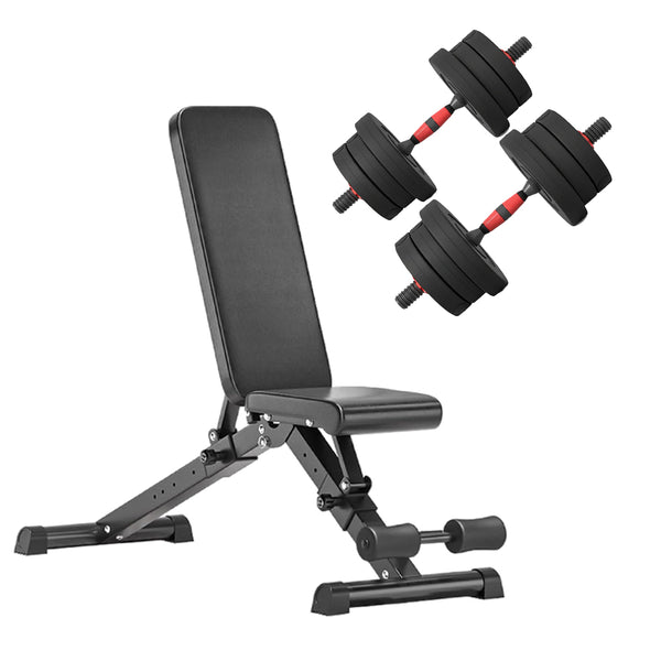 Adjustable dumbbell pair with weight bench