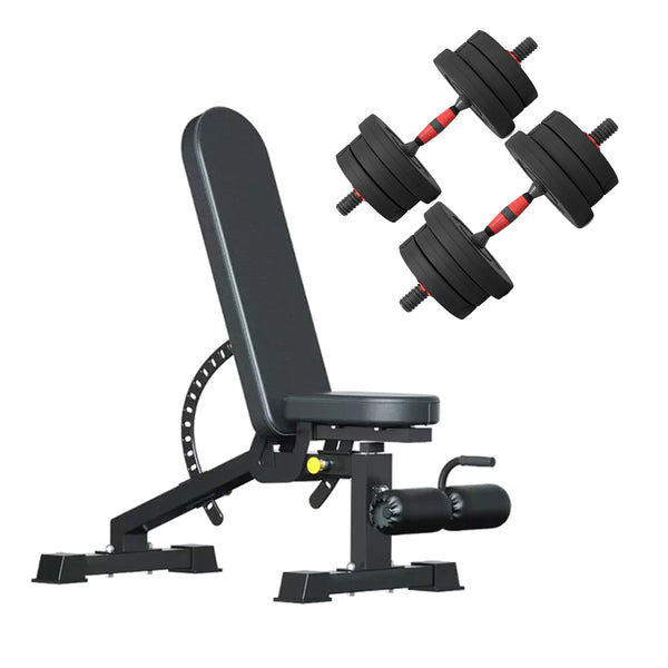 Adjustable dumbbell pair with weight bench