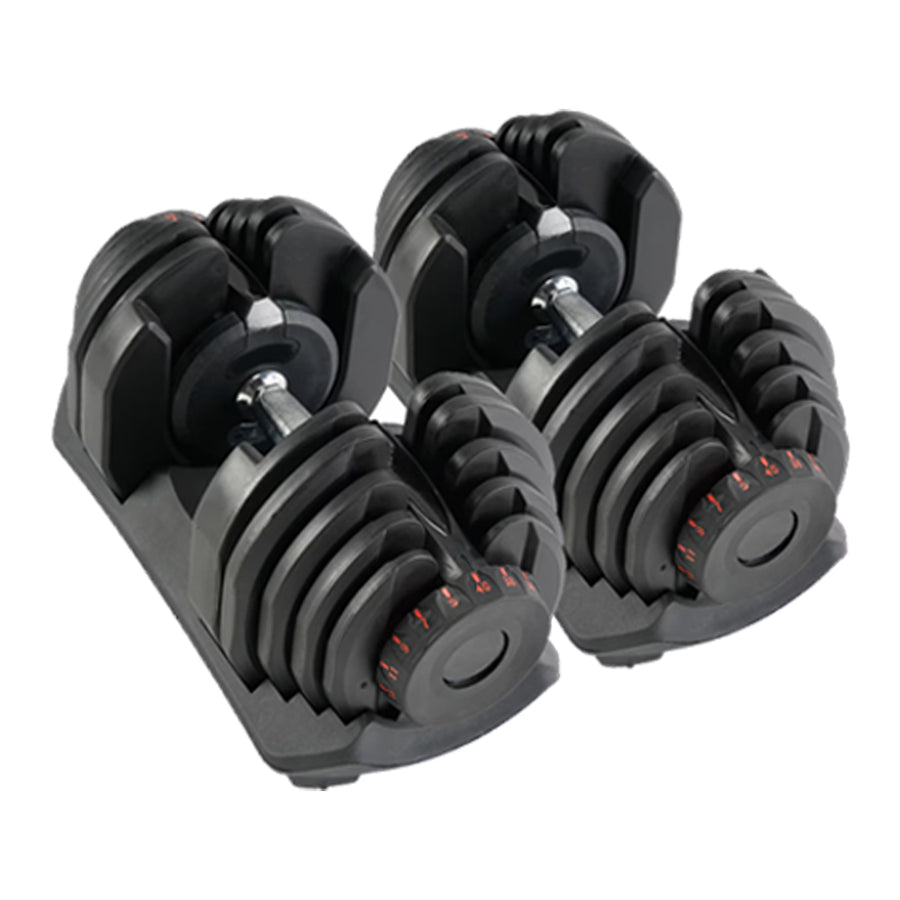 Pair of adjustable dumbbells with selector bases
