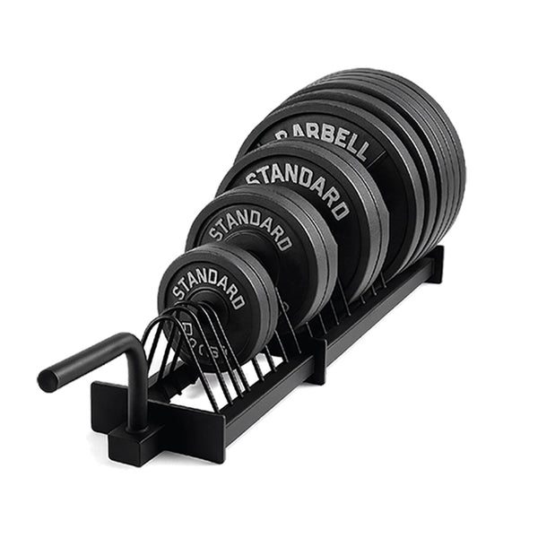 Weight plates on a low horizontal storage rack