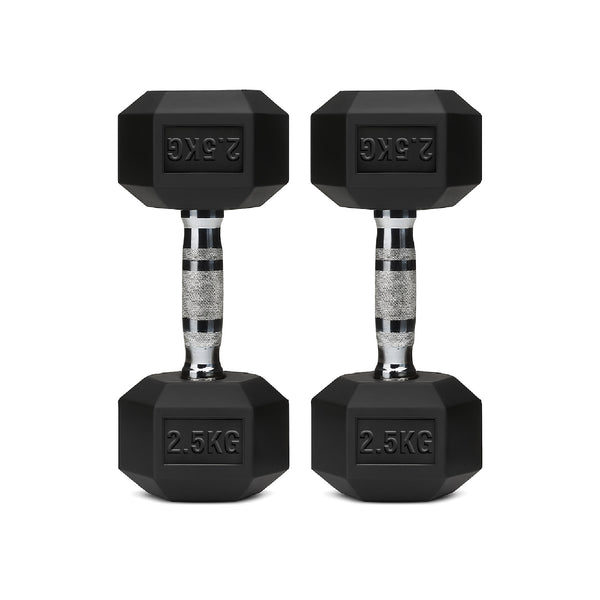 Pair of black hex dumbbells with chrome handles