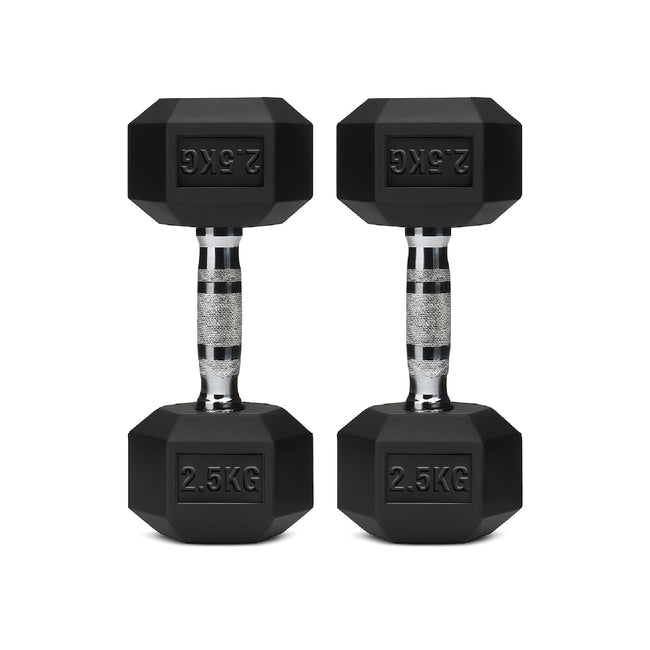 Pair of black hex dumbbells with chrome handles