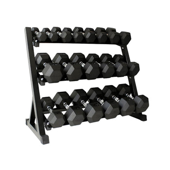 Hex dumbbells on a three-tier storage rack