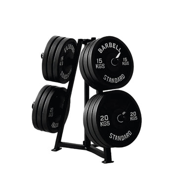 Weight plates on a storage rack