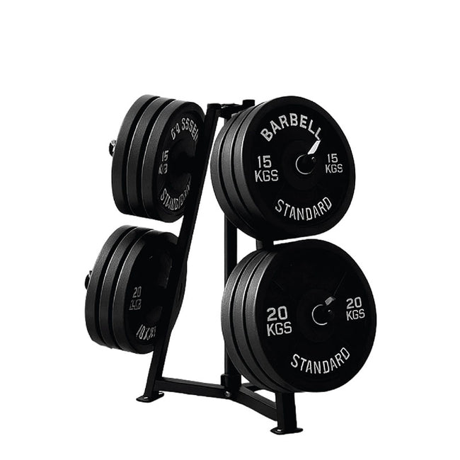 Weight plates on a storage rack