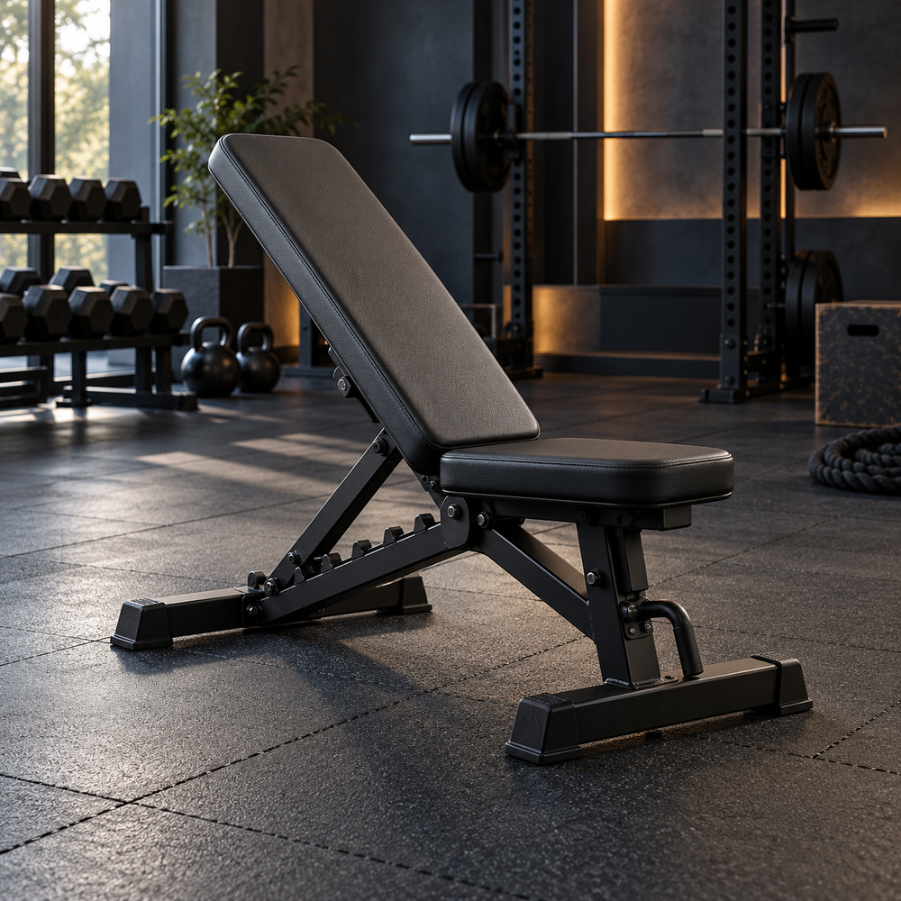 Benches and flooring in a dark gym studio