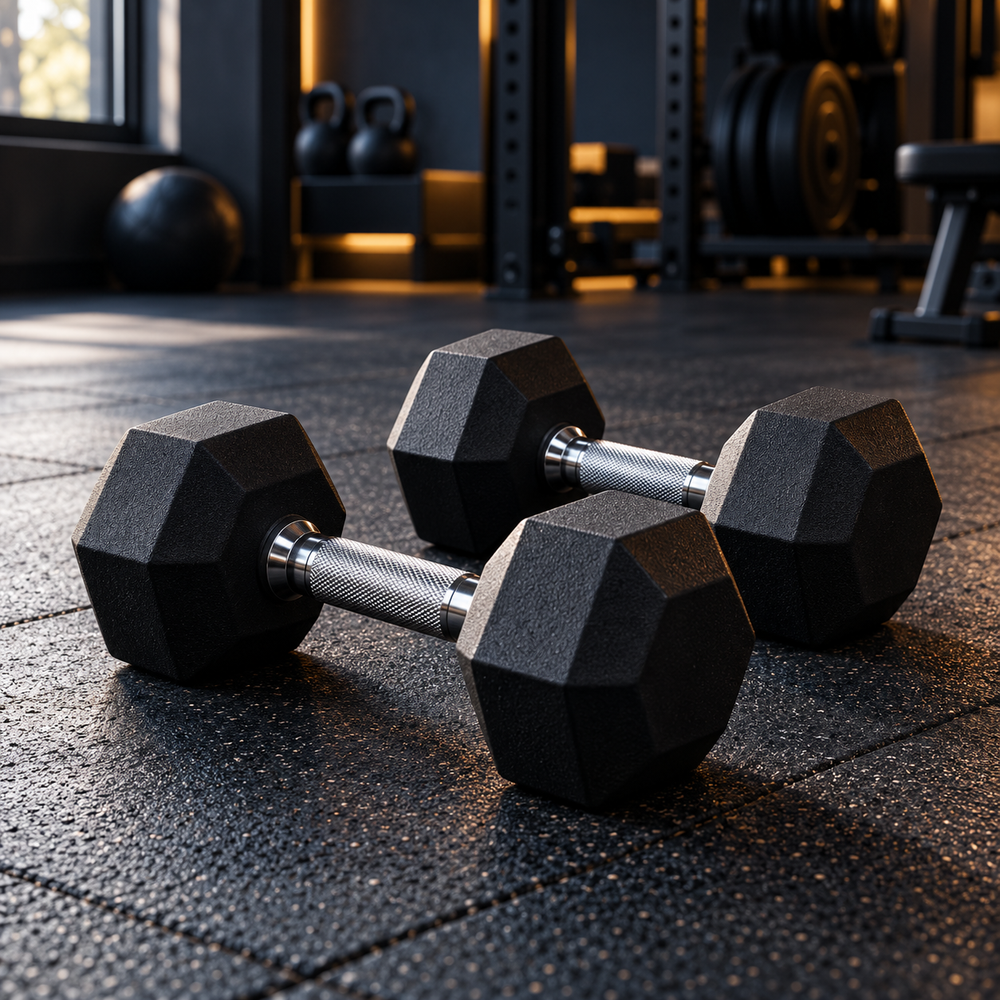 Dumbbells in a dark gym studio