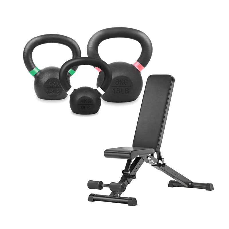 Set of cast iron kettlebells with adjustable weight bench