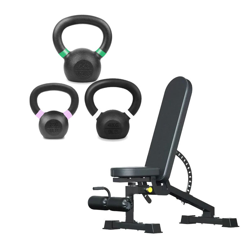 Set of cast iron kettlebells with adjustable weight bench