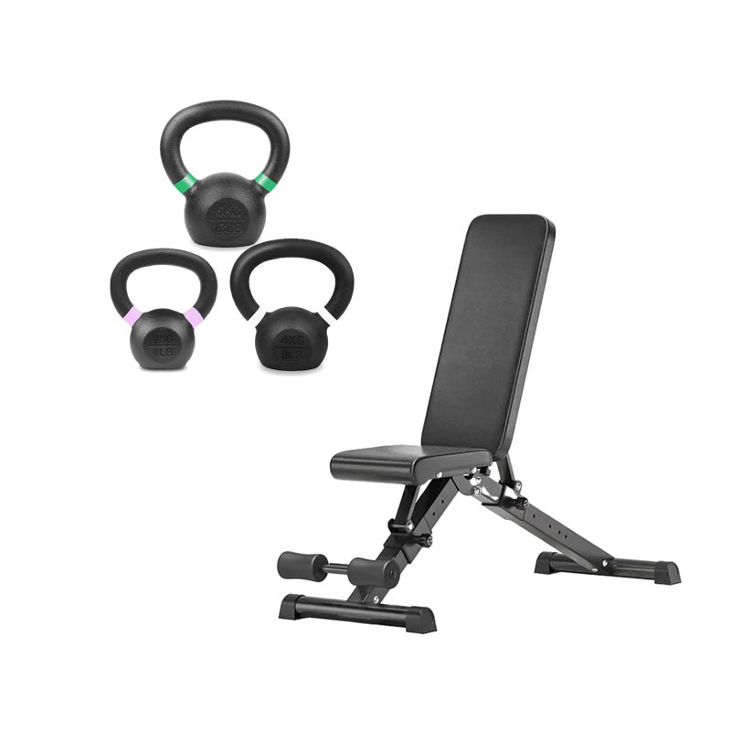 Set of cast iron kettlebells with adjustable weight bench
