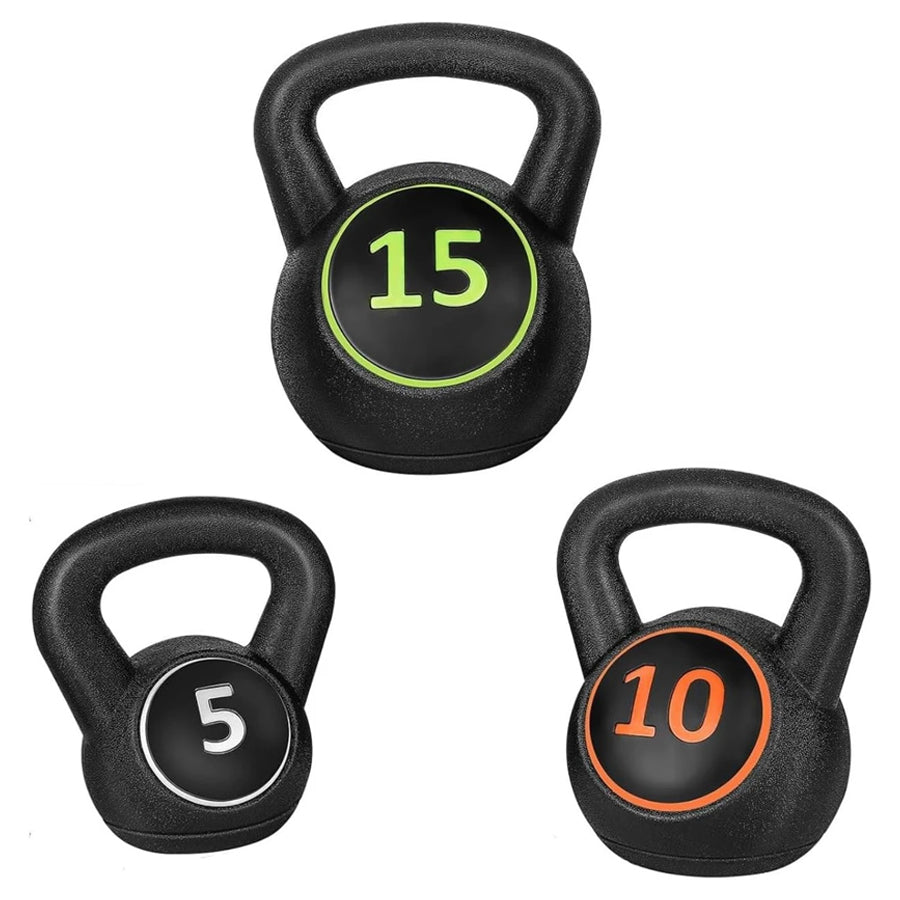 Three kettlebells marked 5, 10 and 15