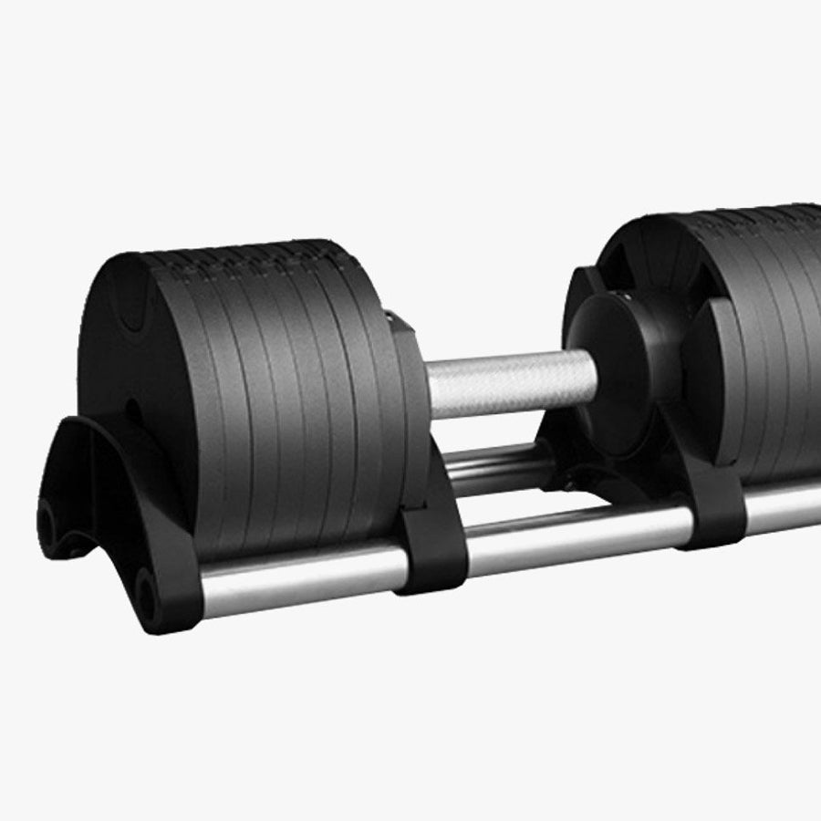 Close-up of an adjustable dumbbell handle and plates