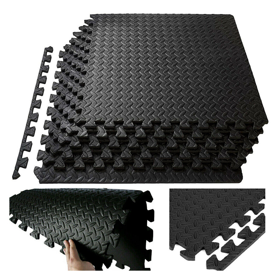 Stack of interlocking floor tiles and edge strips