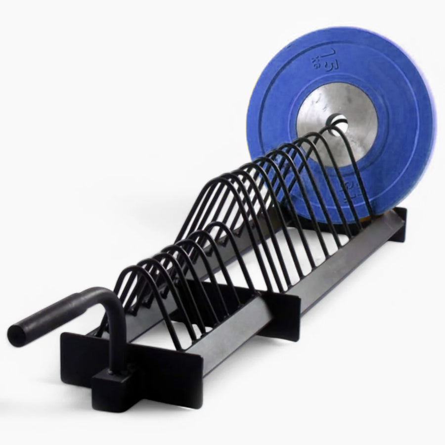 Coloured bumper plates on a horizontal rack