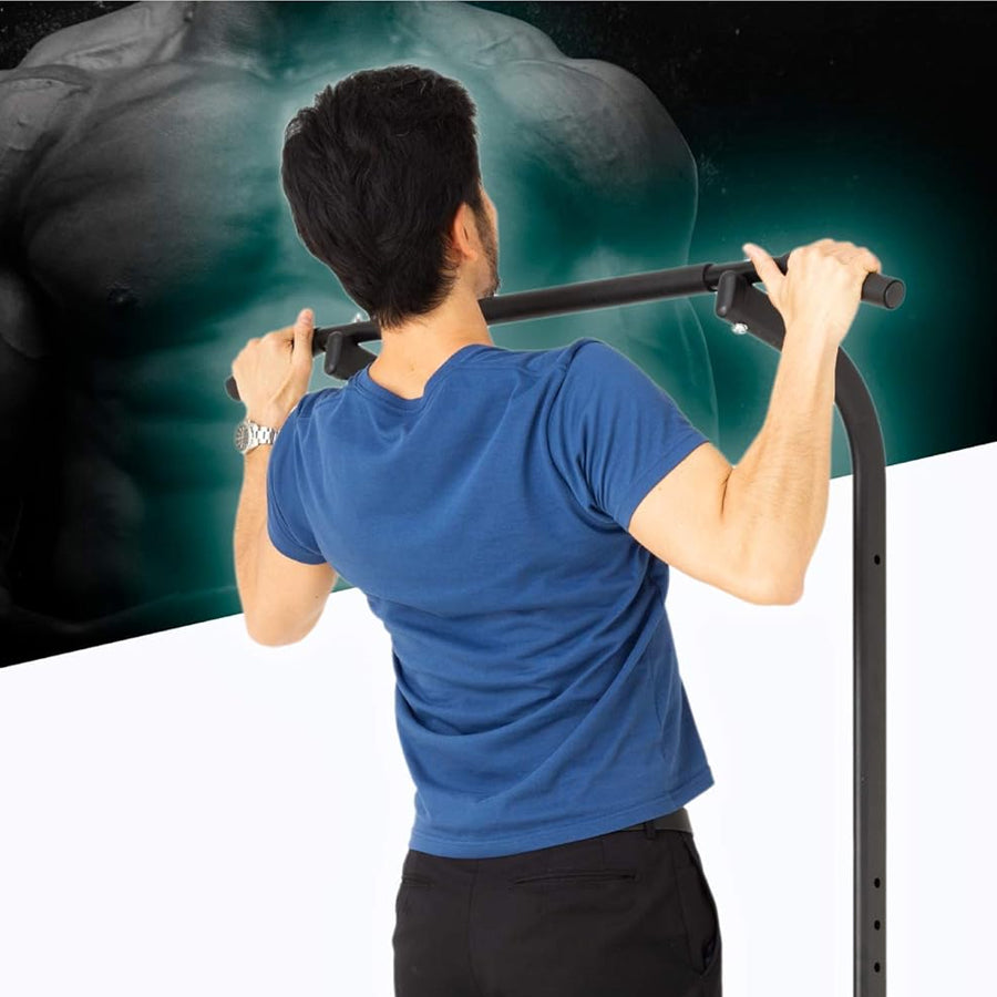Person exercising on a pull-up and dip station