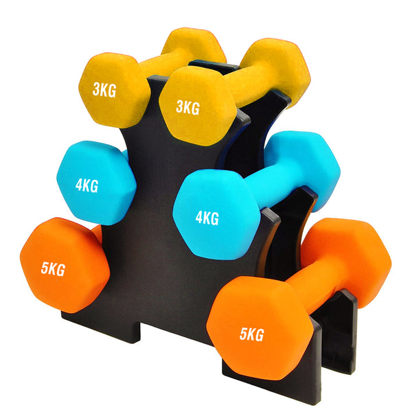 Coloured neoprene dumbbells on a small rack
