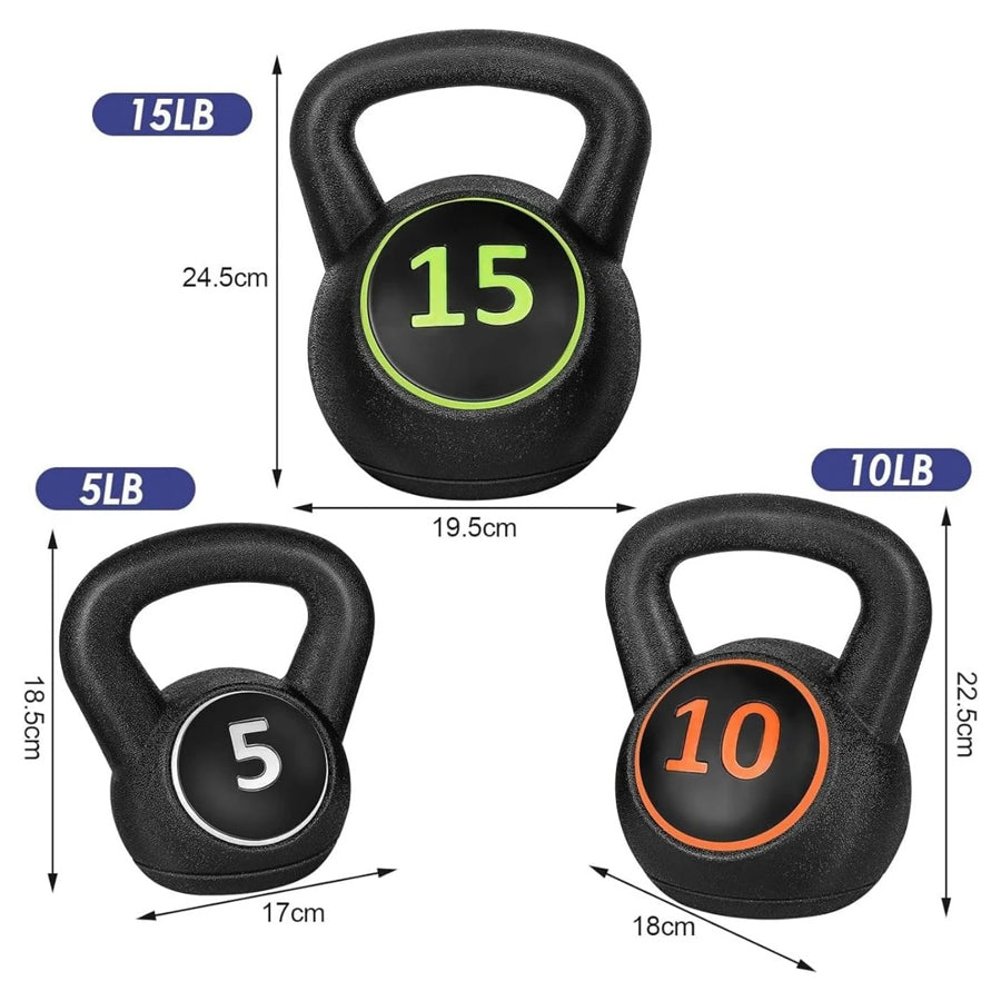 Kettlebell set shown with dimensions