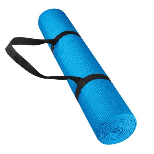Blue yoga mat with carry strap