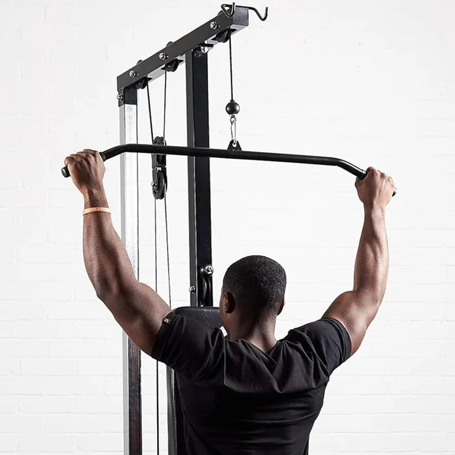 Person using a lat pulldown cable machine