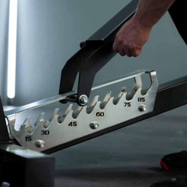 Close-up of a weight bench adjustment mechanism