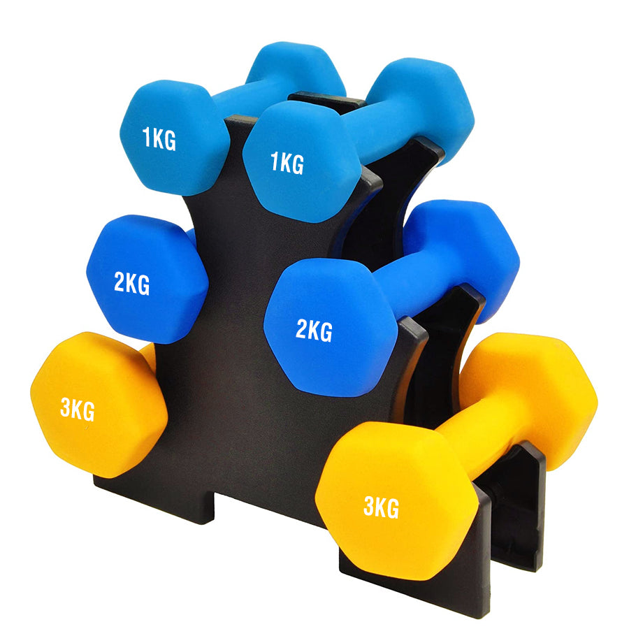 Coloured neoprene dumbbells on a small rack