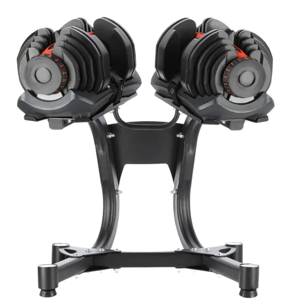 Adjustable dumbbells on a raised stand