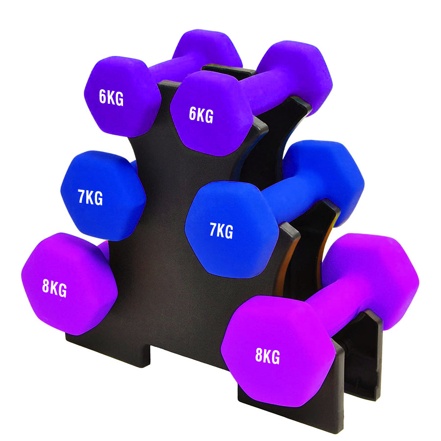 Coloured neoprene dumbbells on a small rack