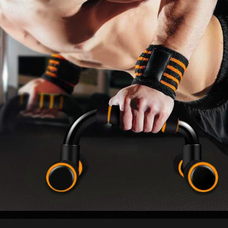 Person demonstrating push-up bar exercises