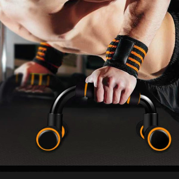 Person demonstrating push-up bar exercises