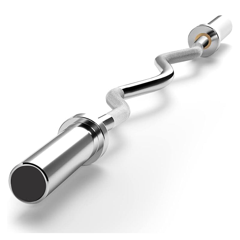Close-up of the sleeve and grip on an Olympic EZ curl bar