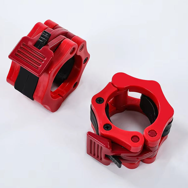 Pair of red Olympic barbell clamps