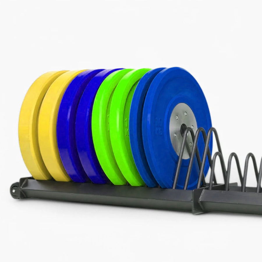 Coloured bumper plate set in a low rack