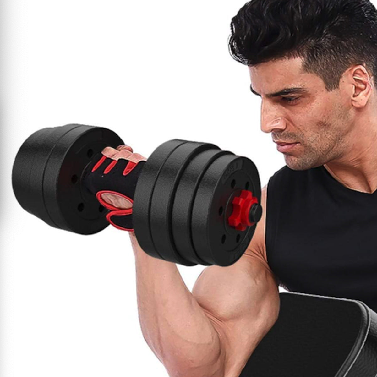 Person training with adjustable dumbbells or a barbell