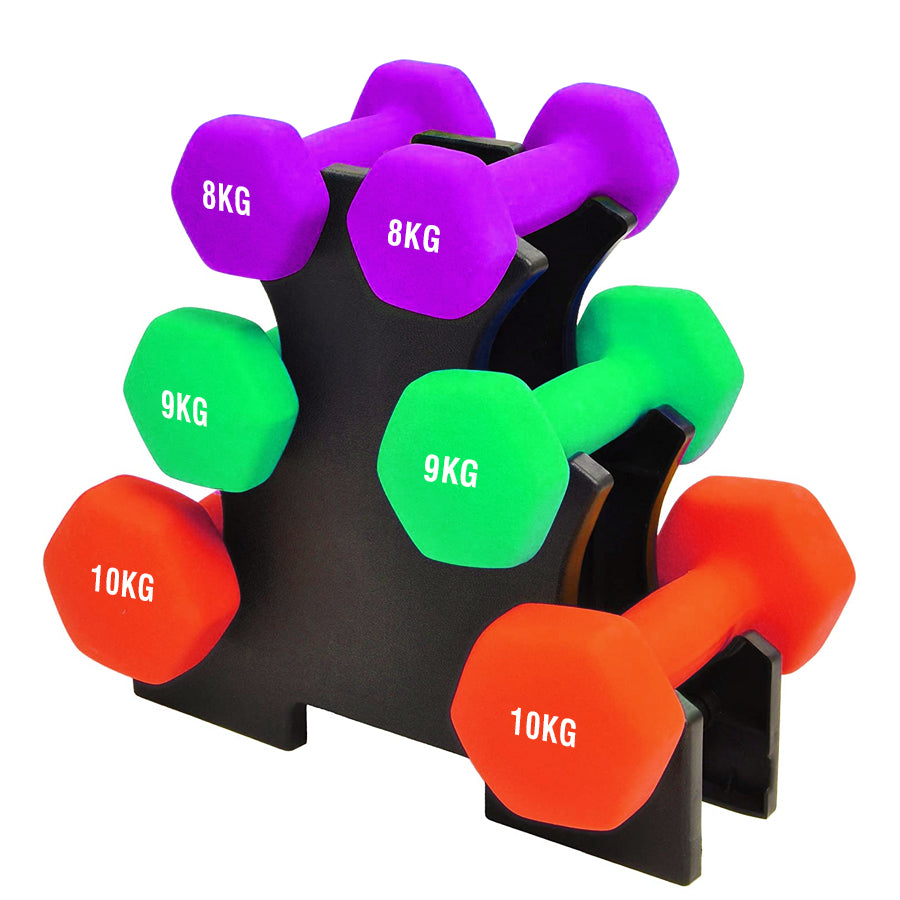 Coloured neoprene dumbbells on a small rack
