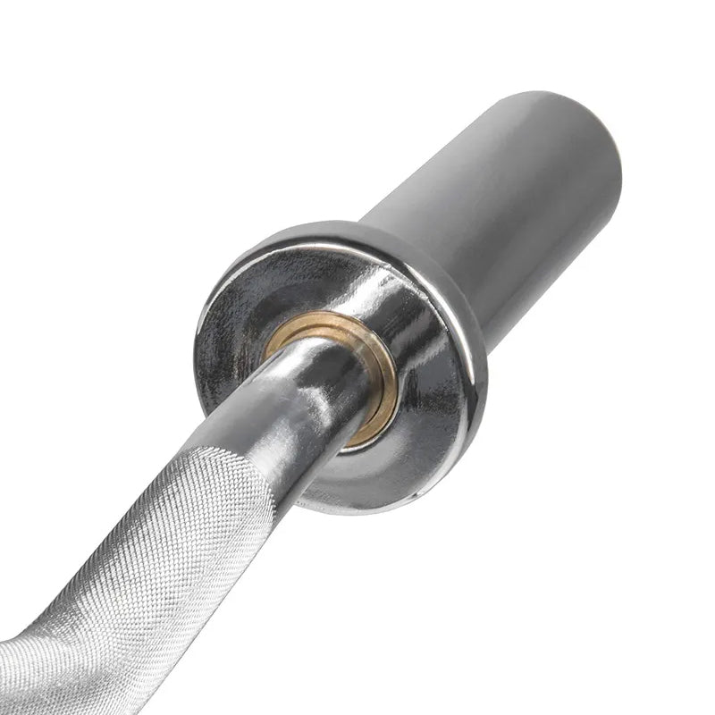 Close-up of the sleeve and grip on an Olympic EZ curl bar